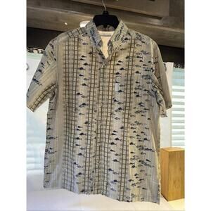 Columbia PFG Fishing Shirt Men's Small Beige Fish All Over Print Vented Back